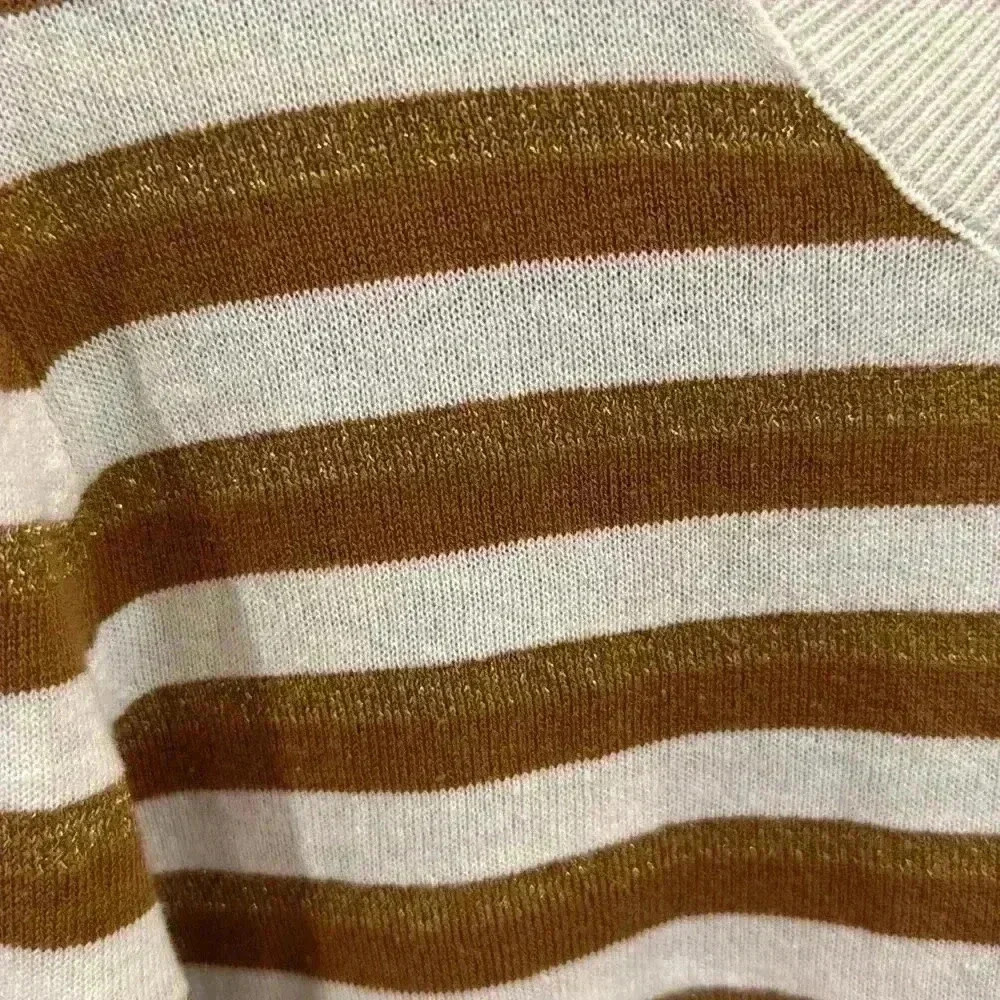 Loft Women’s Striped Puff Sleeve Knit Crewneck Sweater Pullover Tan White Size S - Picture 4 of 7